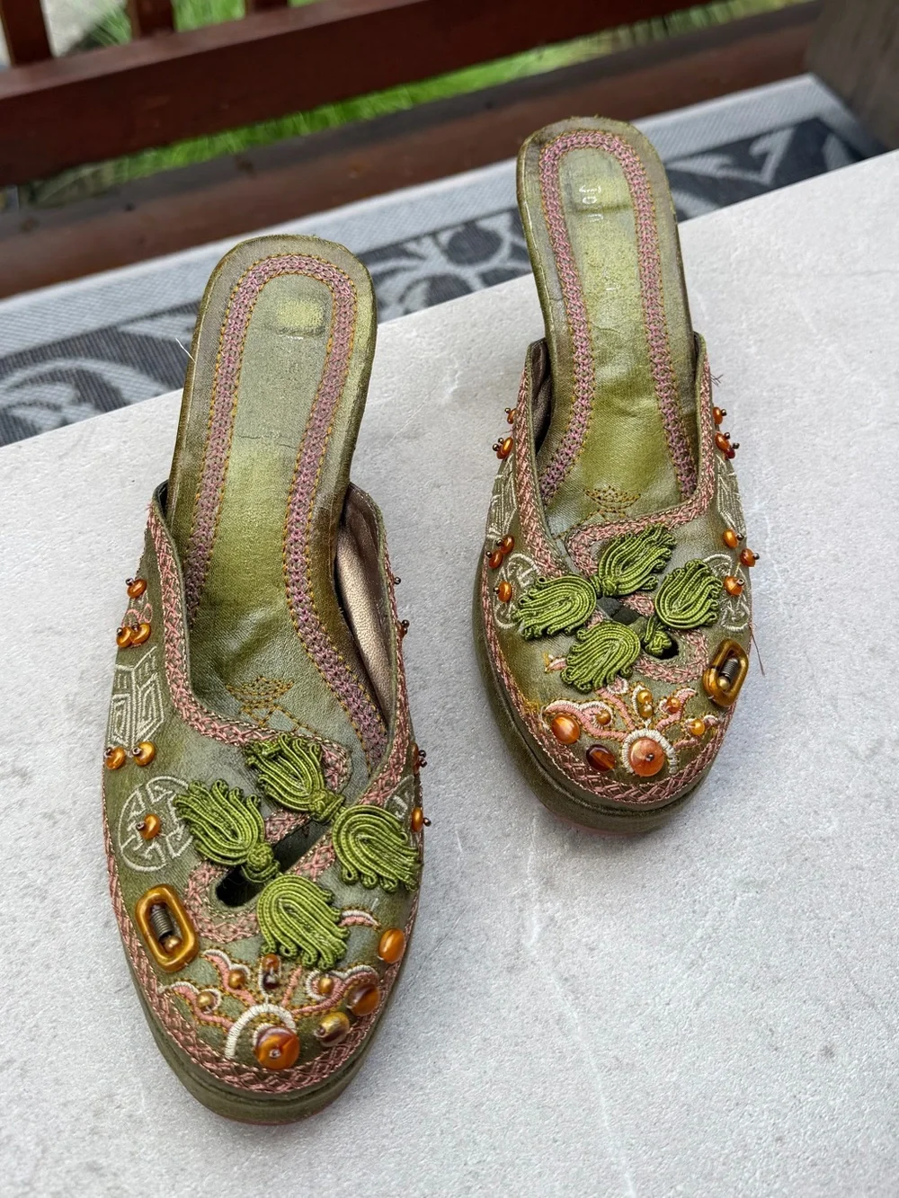 Vintage 90s Y2K Whimsigoth Beaded Embroidered Kitten Heel Mules
